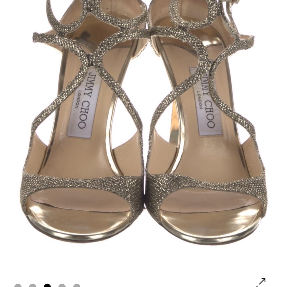 Jimmy Choo Metallic Gold Glitter Strappy Heels - Lame Glitter Light Bronze